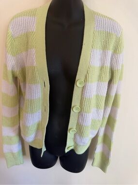 TWIK Striped Green and White Knit Cardigan Sweater